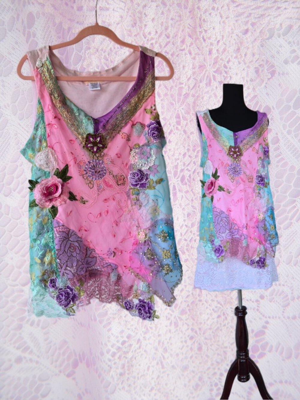 Handmade Patchwork Art To Wear One of a Kind Tunic Blouse Romantic Ethereal